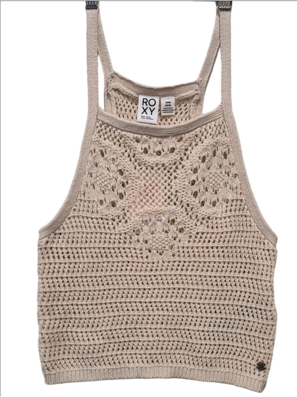 Roxy Malibu Crush Crochet Knitted Halter Top Tank Beige Taupe Small